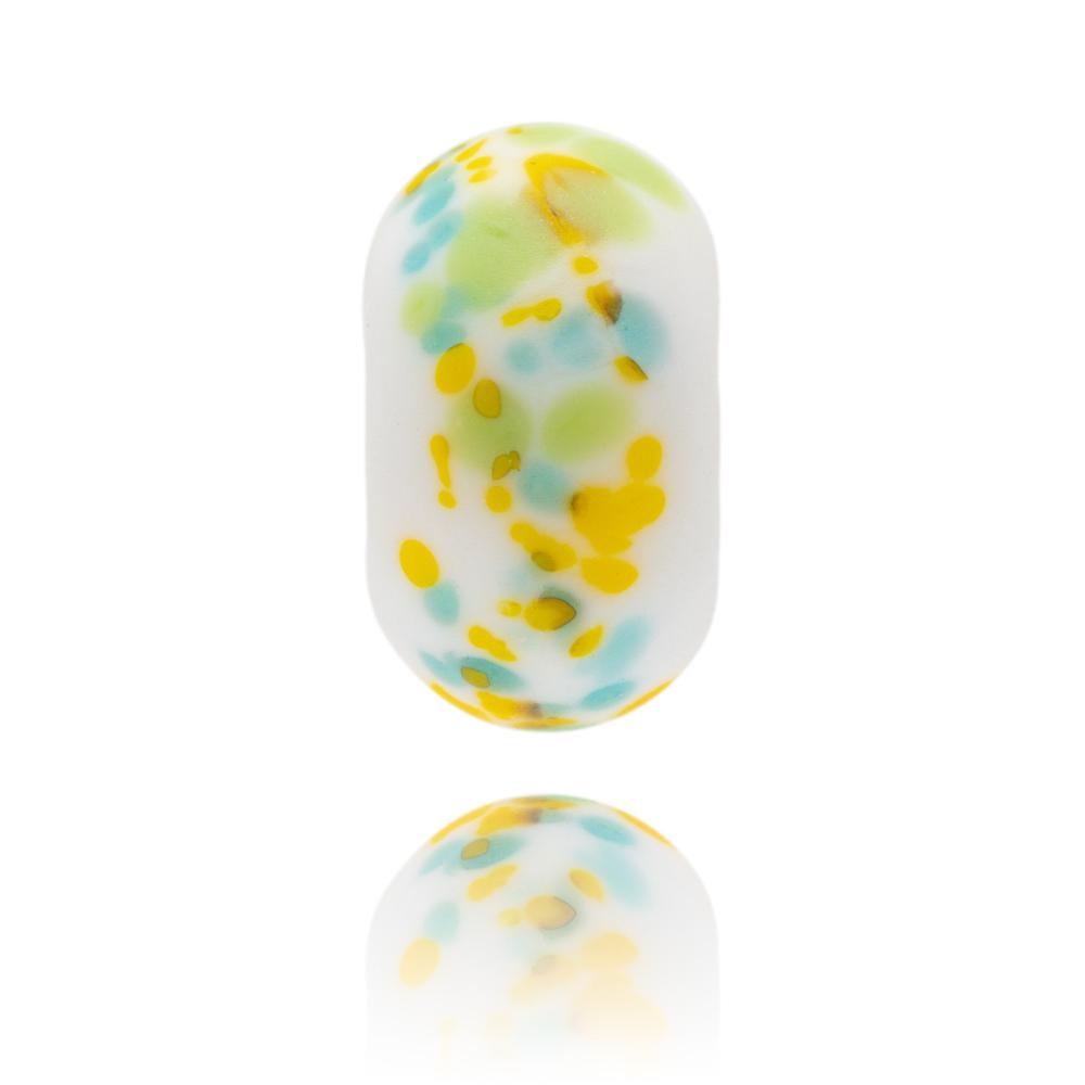 White Glass bead with yellow;low, blue, green and brown speckles of glass on the surface with a sea glass texture finish. Designed to represent Dawlish Warren in South Devon, UK