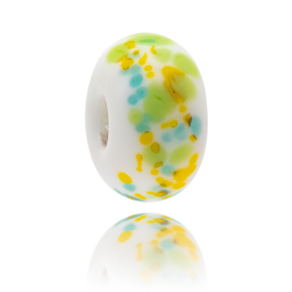 White Glass bead with yellow;low, blue, green and brown speckles of glass on the surface with a sea glass texture finish. Designed to represent Dawlish Warren in South Devon, UK.