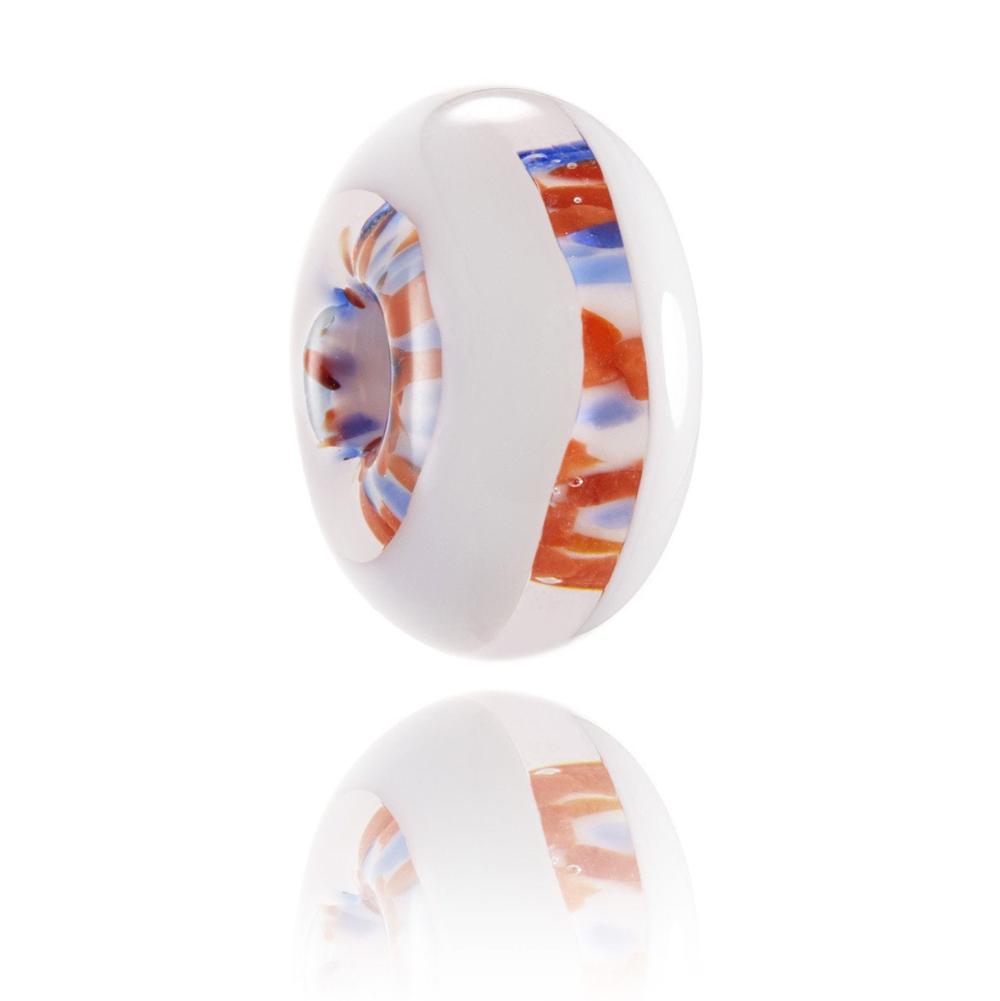 Red and blue glass bead with white stripes down each side, representing Jackson Hole in the USA.