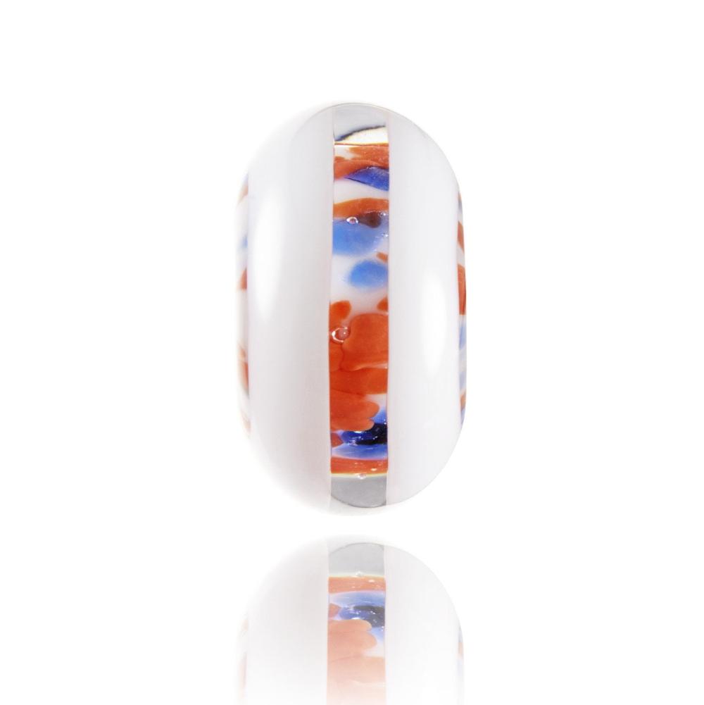 Red and blue glass bead with white stripes down each side, representing Jackson Hole in the USA.