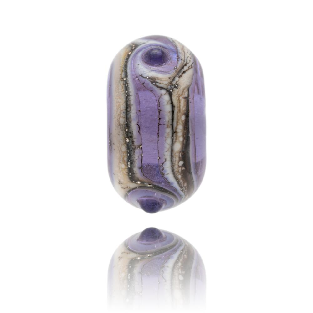 Purple glass bead with brown and cream swirls around the middle and dots on the surface, representing Machrihanish in Scotland.