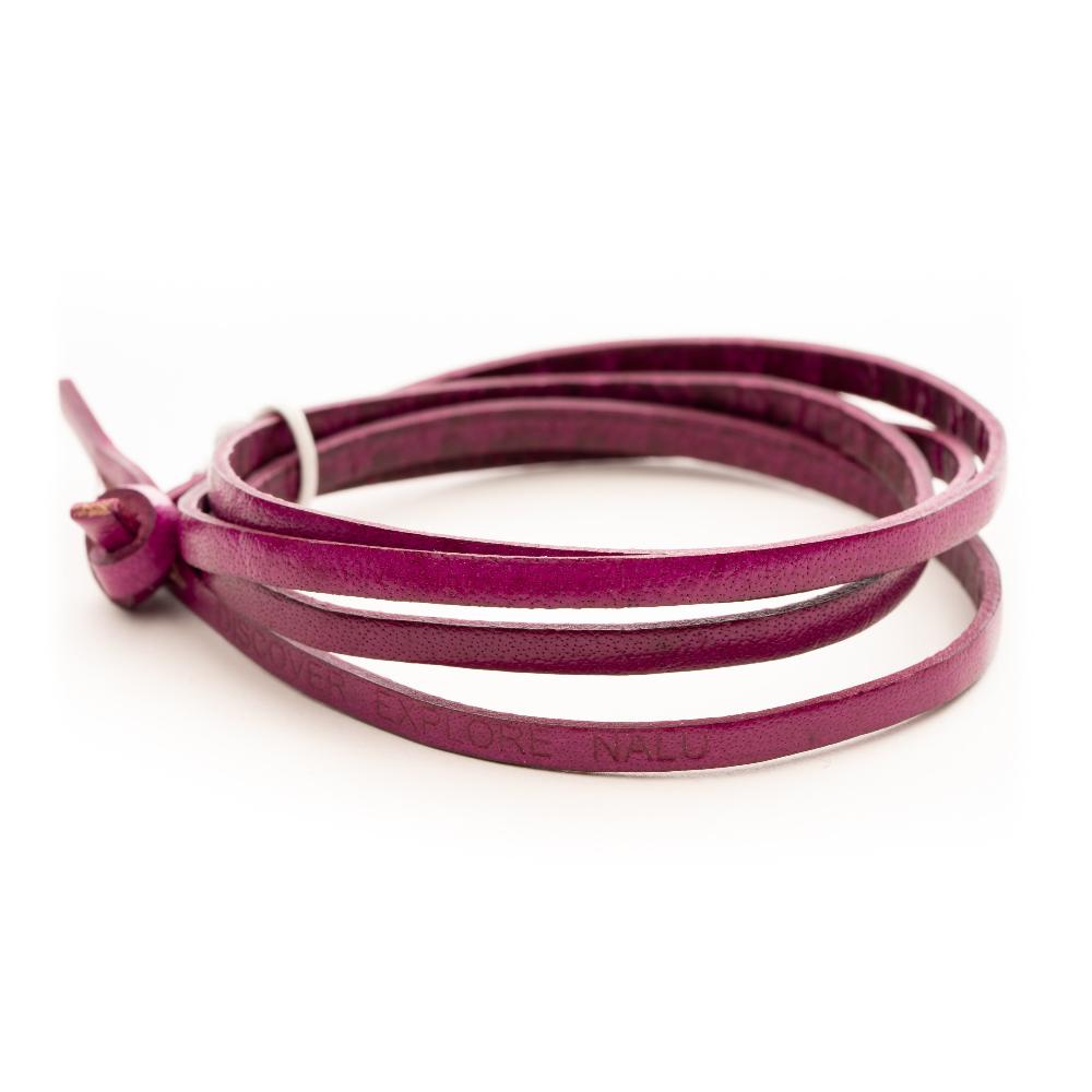 Magenta leather wrap bracelet stamped with Nalu.