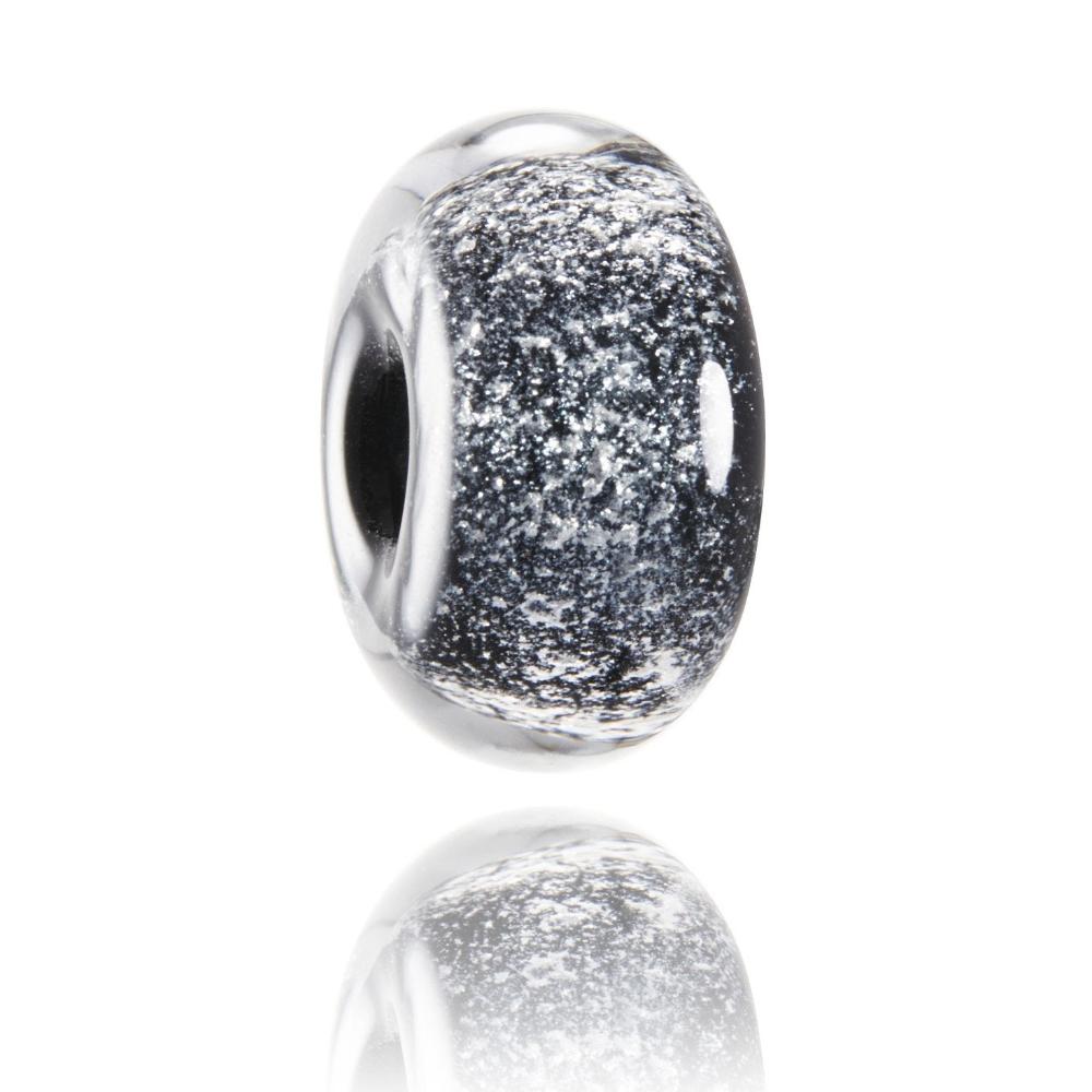 Black sparkly silver glass bead representing Meribel in France.