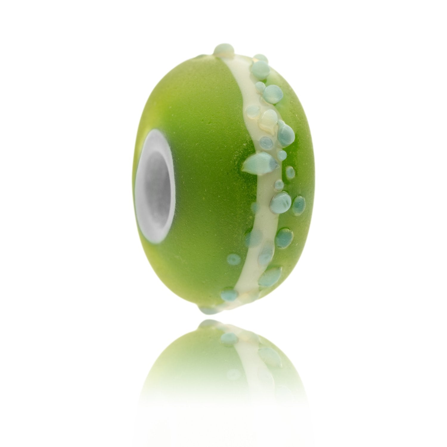 Frosted green glass bead with a single white stripe around the centre on small raised dots of glass on the surface. Representing The Northumberland National Park in the UK.