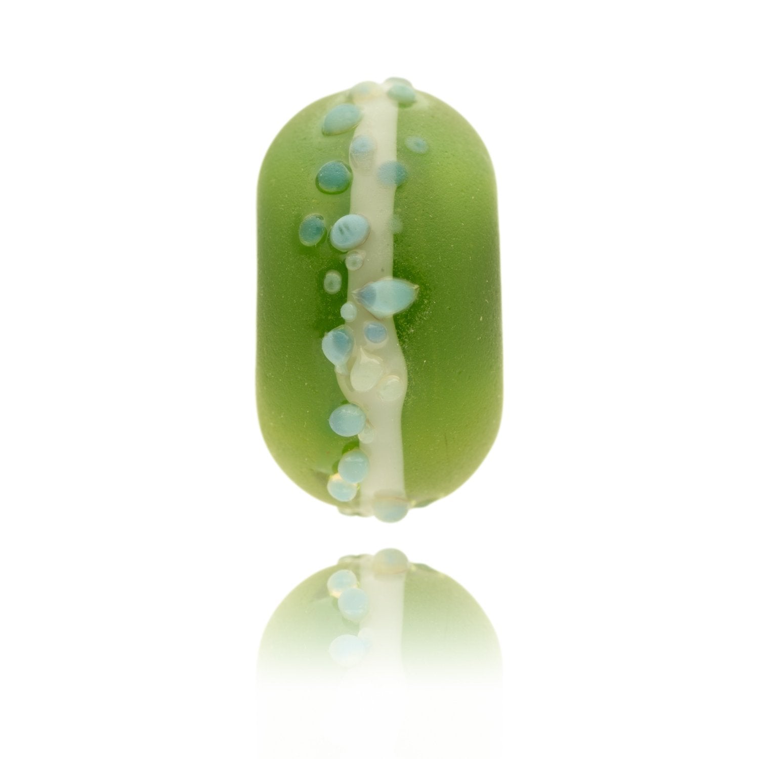 Frosted green glass bead with a single white stripe around the centre on small raised dots of glass on the surface. Representing The Northumberland National Park in the UK.