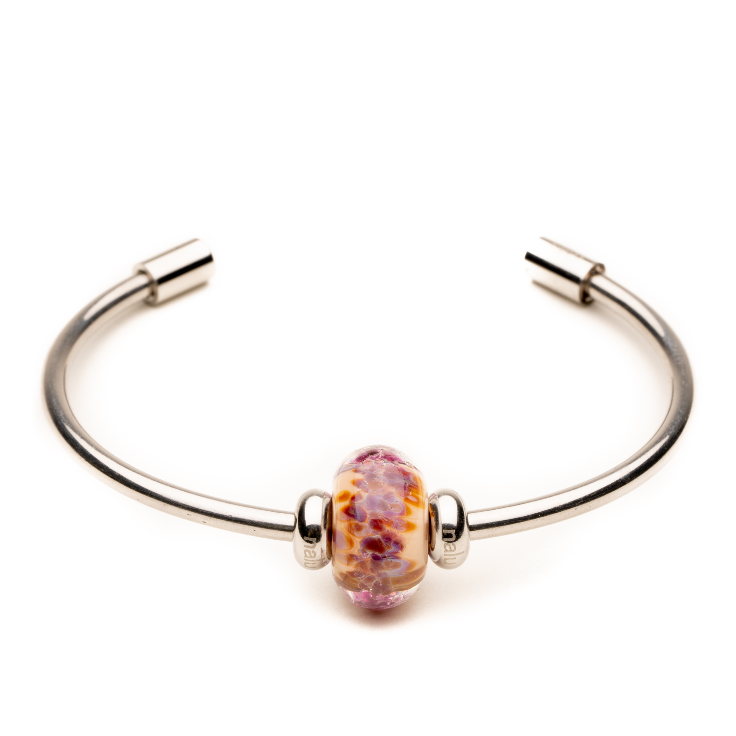 Steel bangle with a pinky purple glass bead on it.