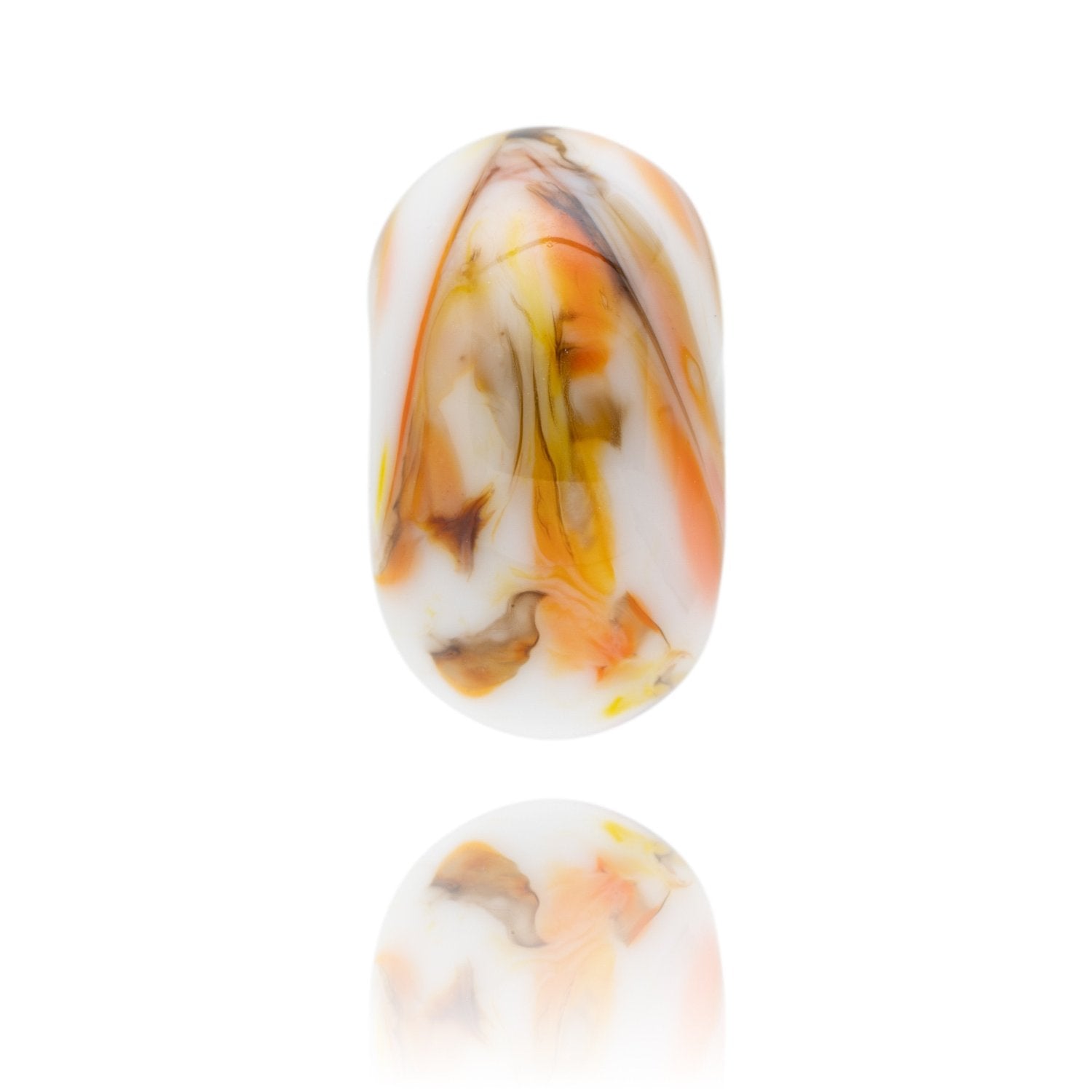 White, brown, orange and yellow swirling glass bead representing Pease Bay in Scotland.