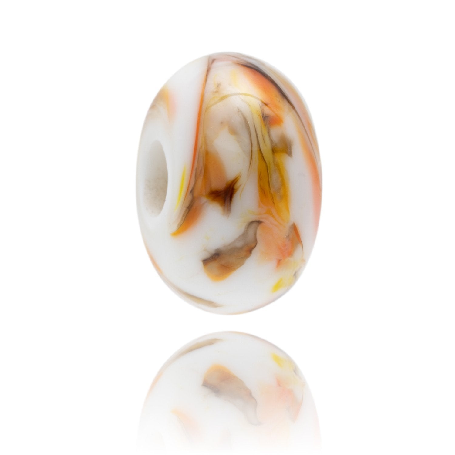 White, brown, orange and yellow swirling glass bead representing Pease Bay in Scotland.