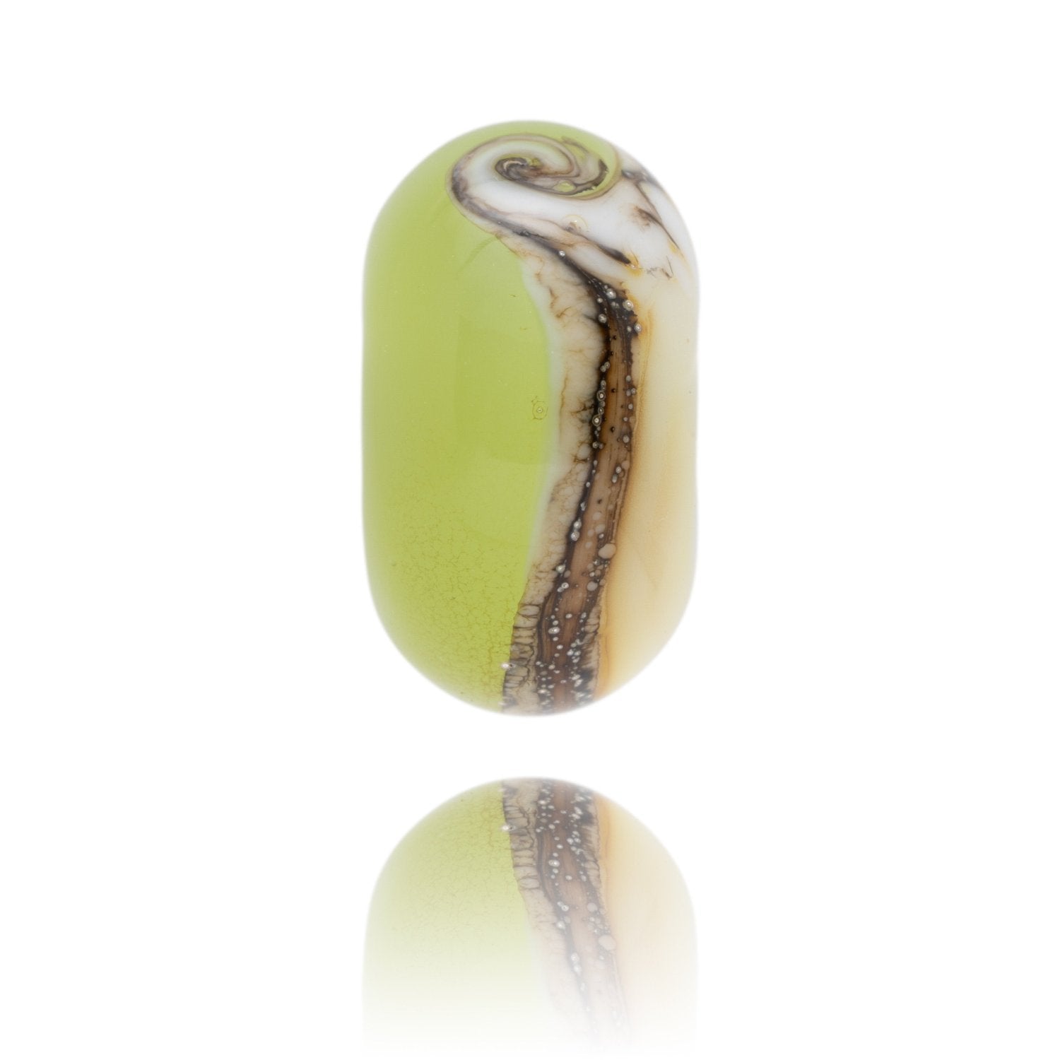 Green and cream swirling glass bead with a silver wave pattern, representing a Point Break surf wave.