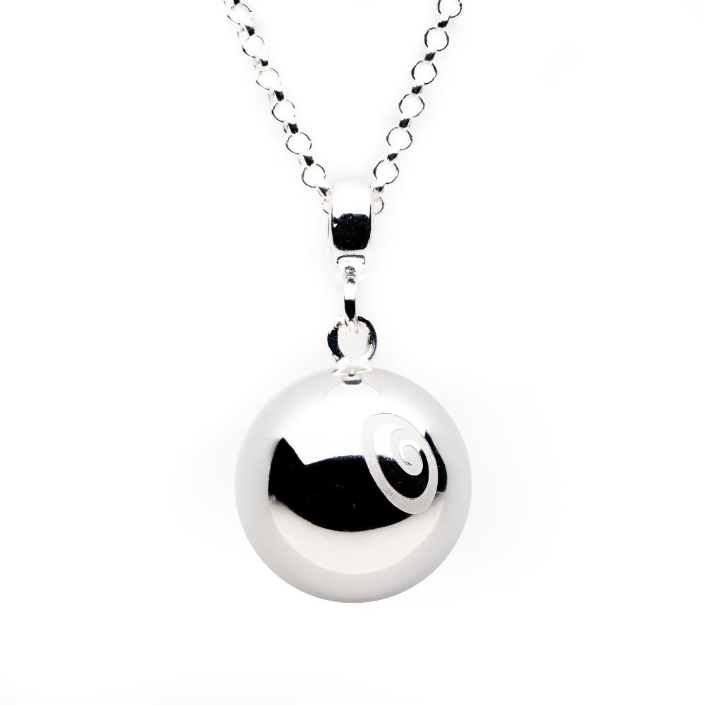 Silver chime ball on a silver chain necklace.