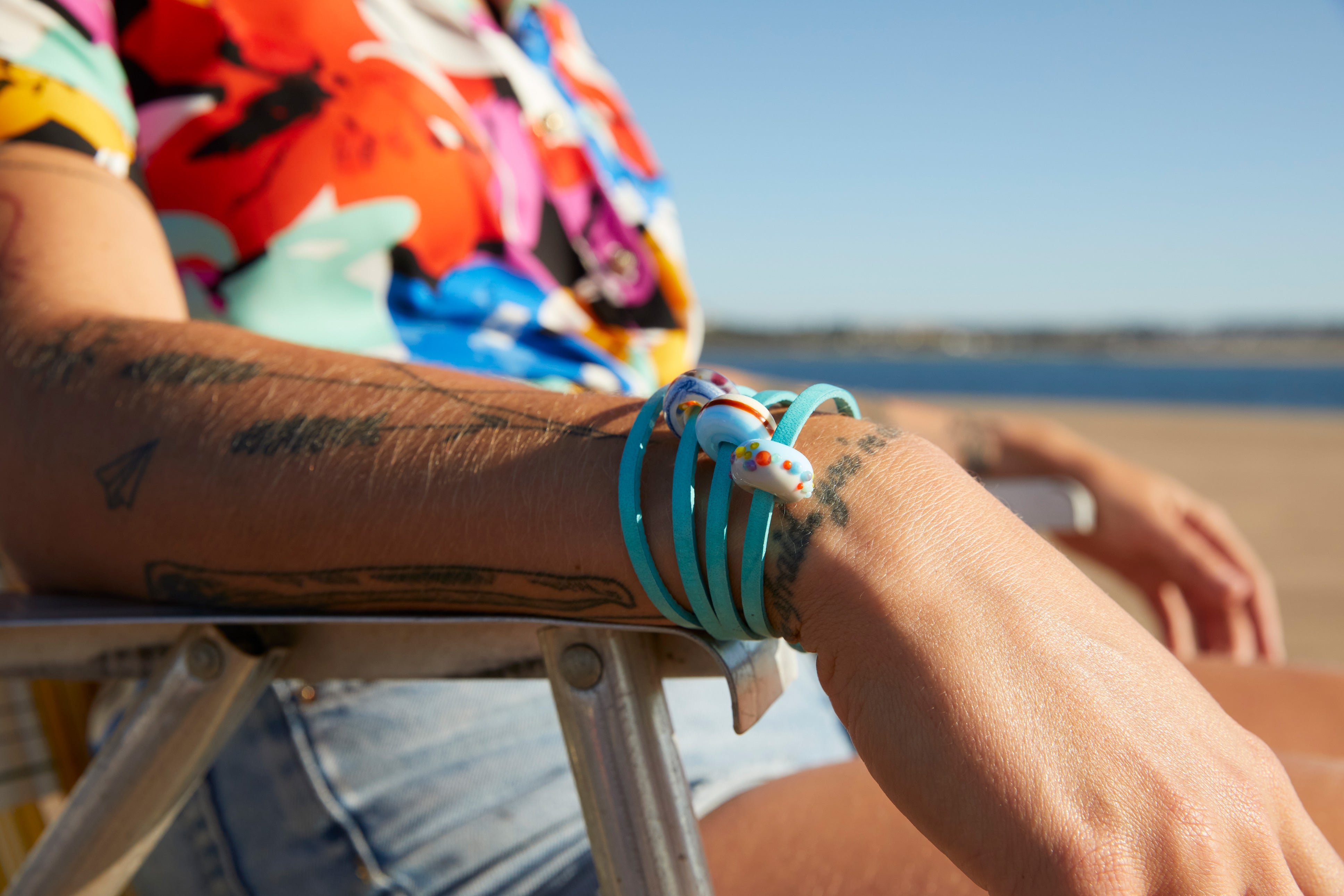 Sussex beach bead leather turquoise wrap bracelet.