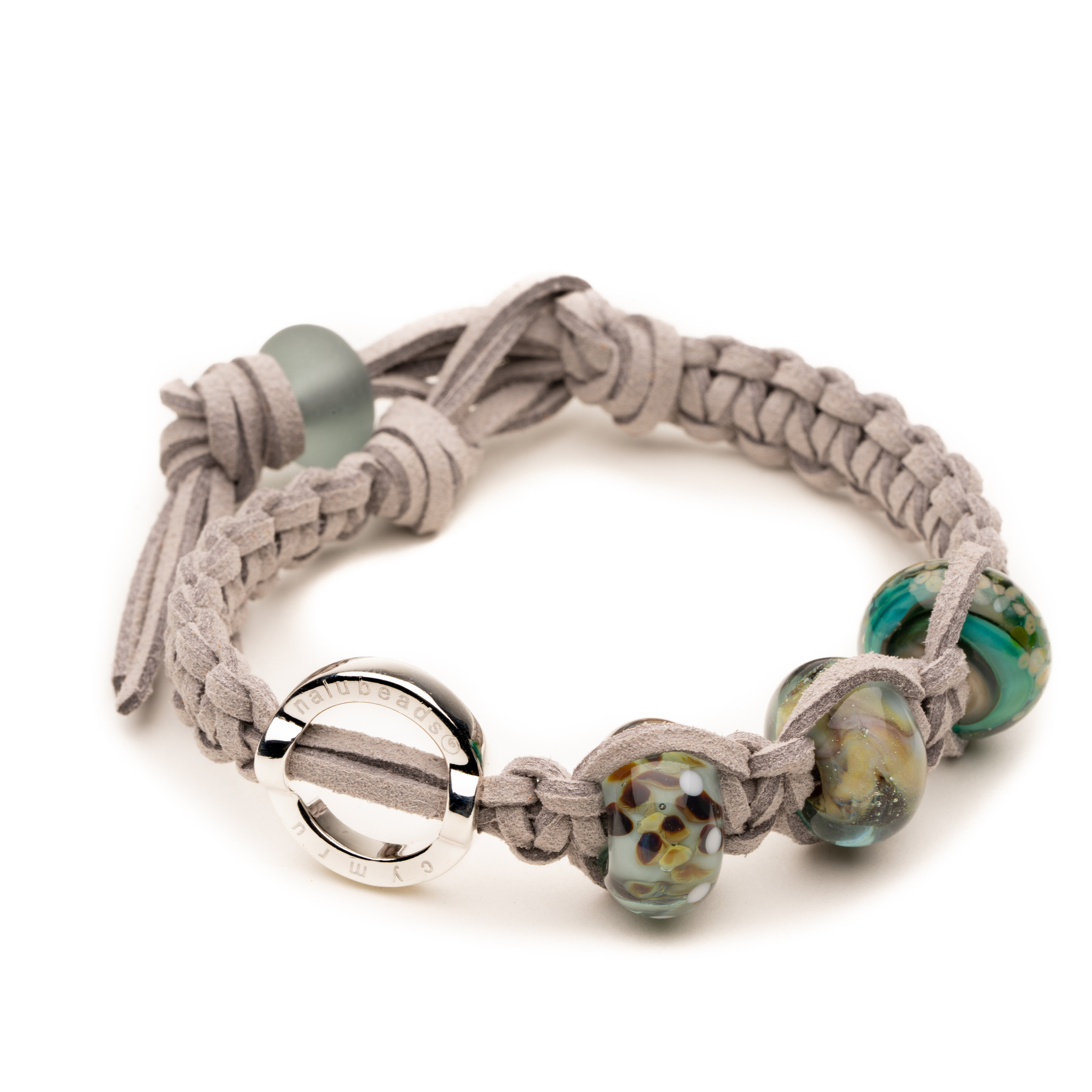 Grey cord braided bracelet with Welsh National Park beads and silver Welsh charm.